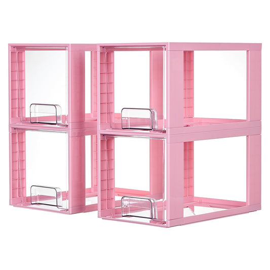 Vtopmart 4 Pack Large Stackable Storage Drawers,Pink,Easily Assemble Acrylic Bathroom Closet Undersink Organizers and Storage,Plastic Bins for Kitchen Cabinets,Pantry,Makeup,Medicine Organization