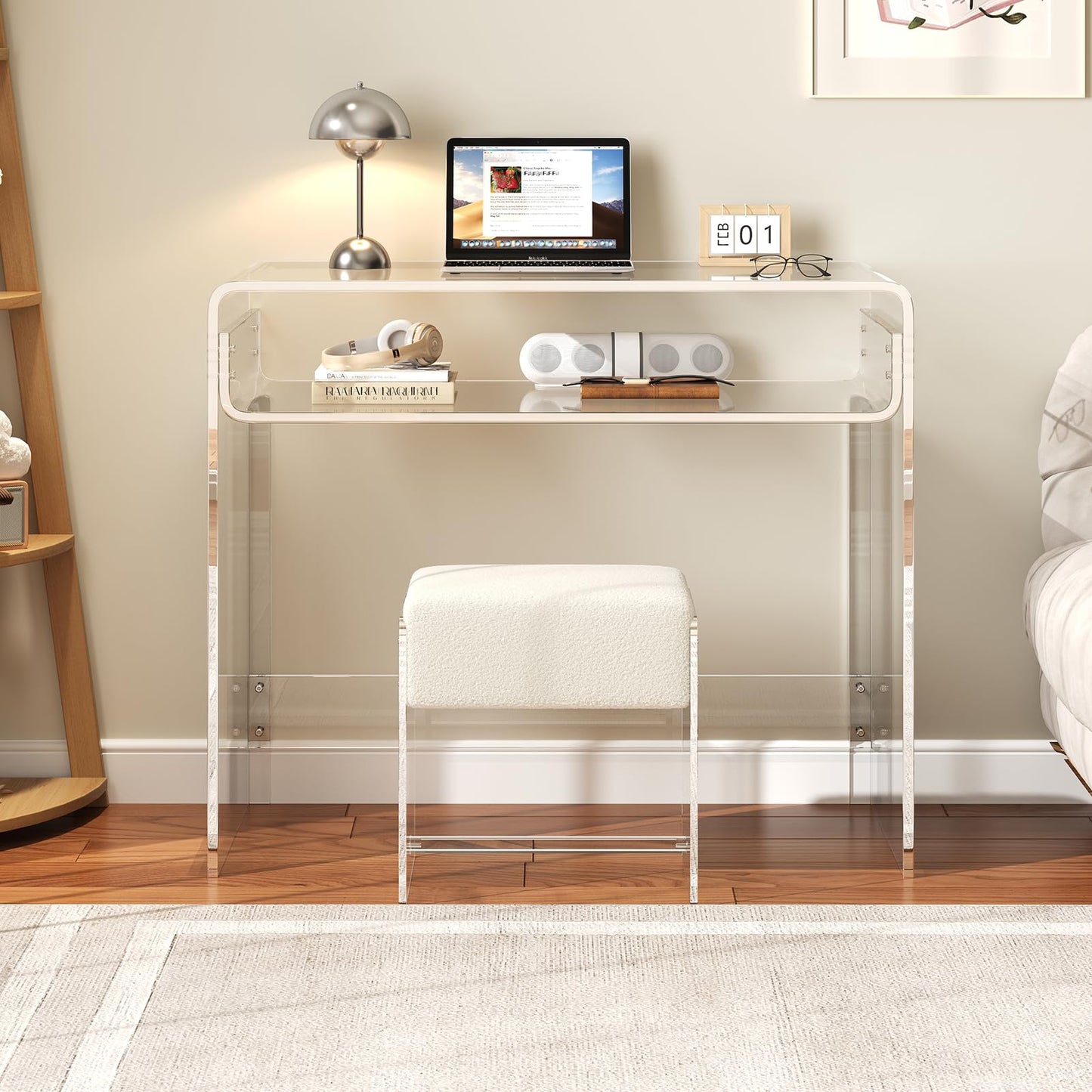 XOHYW Vanity Stool Chair, Soft Ottoman with Clear Acrylic Legs, Modern Padded Seat Footstool for Entryway, Hallways, Bedrooms and Living Room (White)