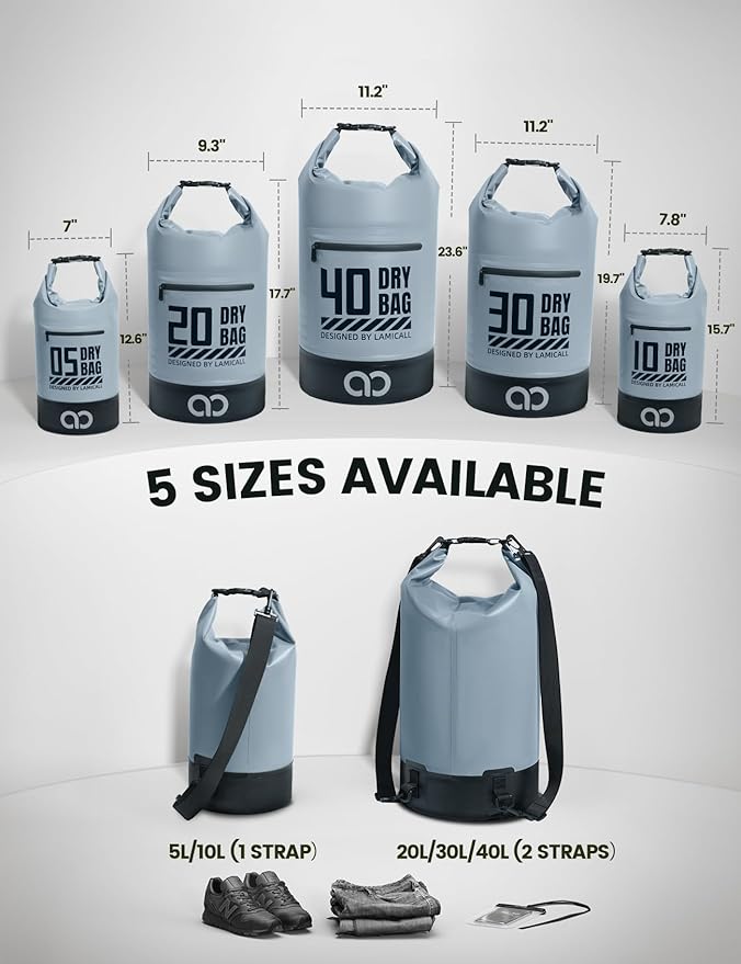 Lamicall Small Dry Bag, Waterproof Bag - [Durable & Floating] 5L/10L/20L/30L/40L Water Proof Bag with Waterproof Phone Pouch, Keeps Gear Dry Sack for Kayak Swim Boat Paddle Boarding Hiking Fishing