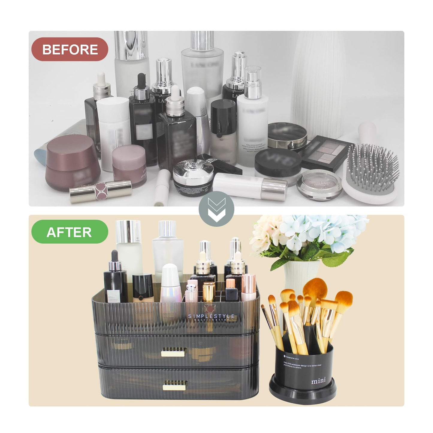 Makeup Organizer with 2 Drawers, Cosmetics Organizer for Bedroom and Bathroom Vanity Countertops, Large Capacity Cosmetic Storage Box for Skincare Cream Perfume Lipstick Dresser Counter-Black