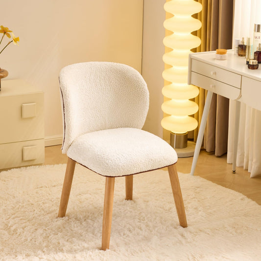 VINGLI Chenille Curved-Back Armless No Wheels Vanity Chair for Girls, Cute & Furry Upholstered Desk Chair with Solid Wood Legs for Study/Makeup/Bedroom/Dressing, Fluffy Makeup Chair for Teens, Beige