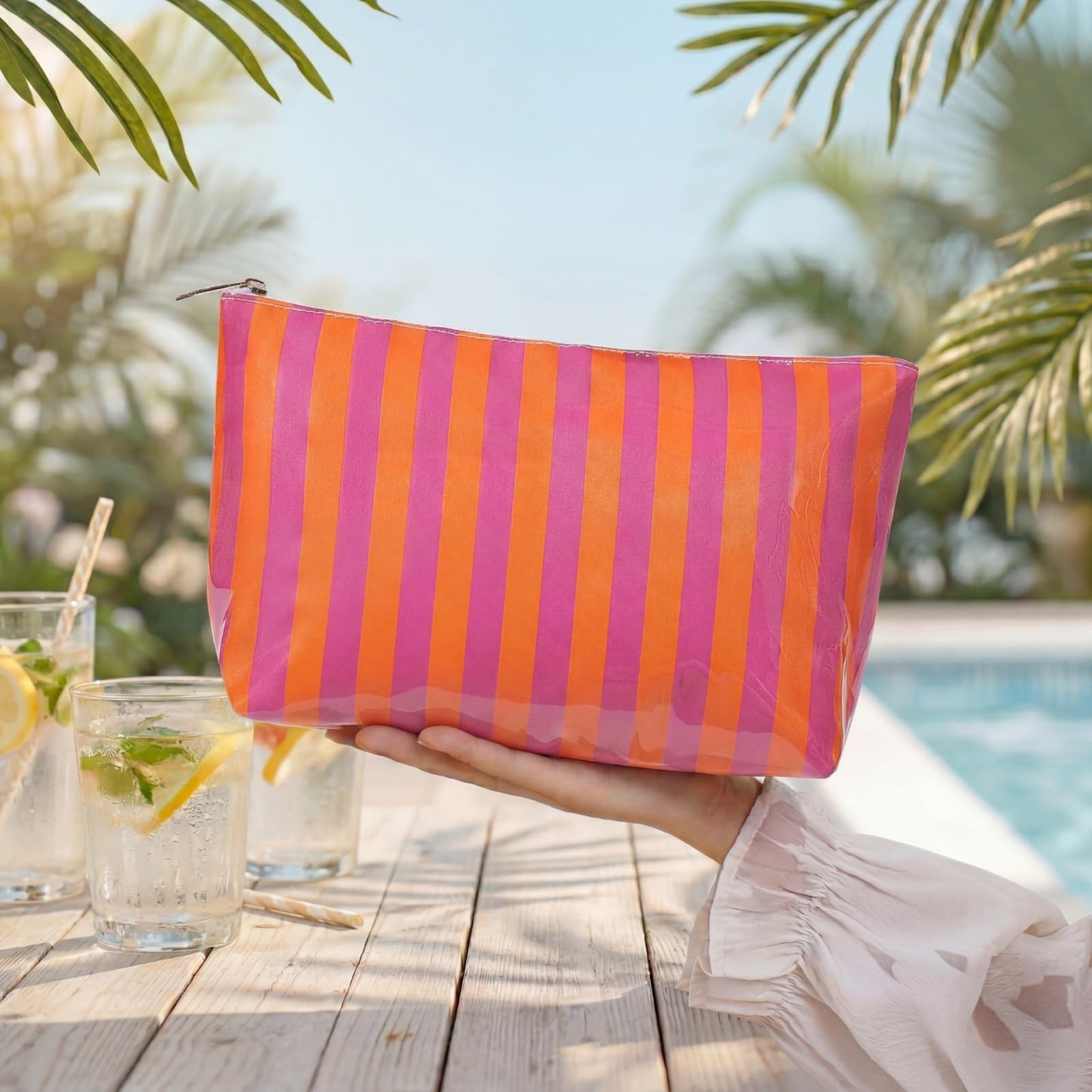 Lestikave Large PVC Waterproof Striped Makeup Bag,Clear Coated Cosmetic Bags,Easy to Clean,Travel Organizer Zipper Pouch Beach Vacation Essentials for Women Girls(11Orange Purple)