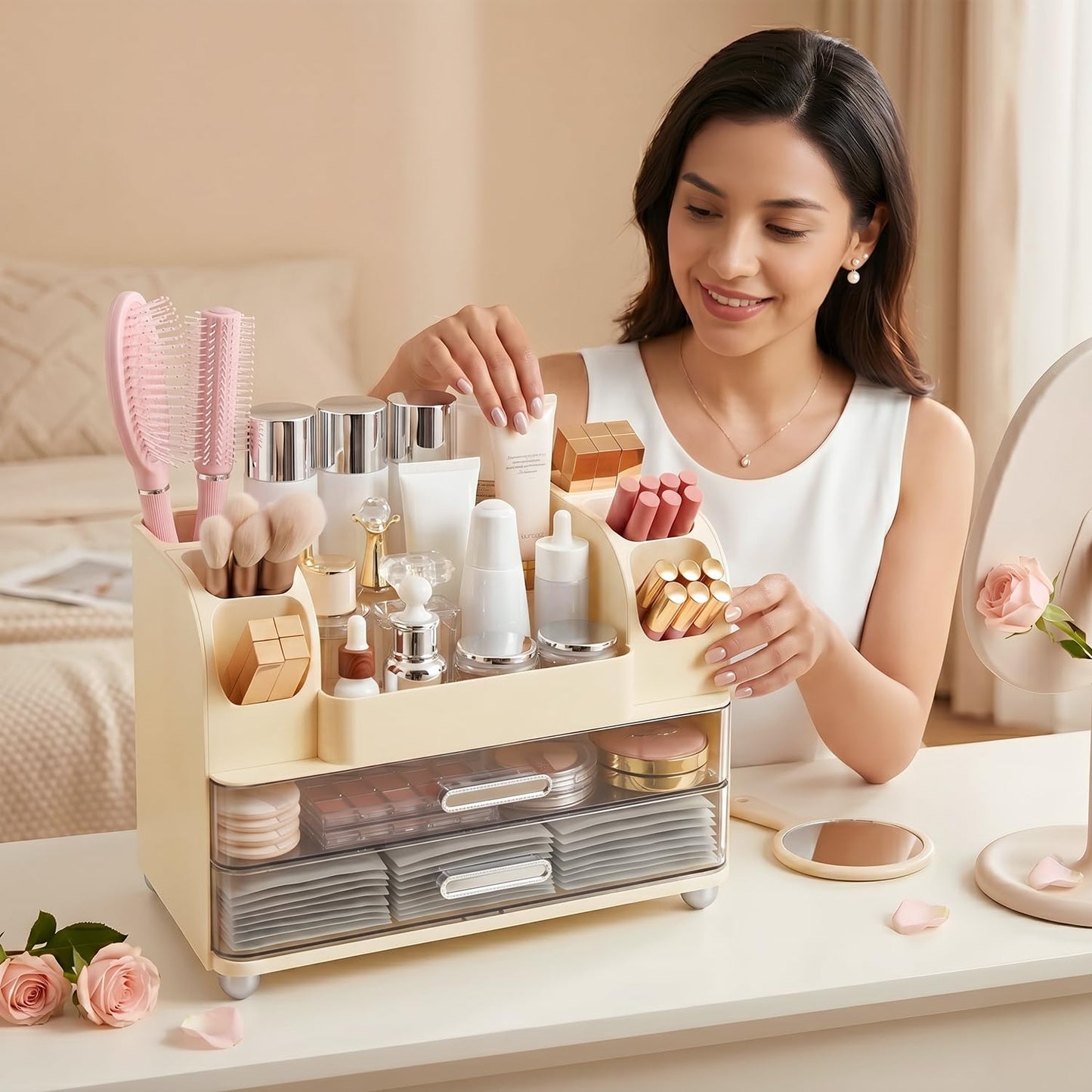 Brothersbox Makeup Organizer for Vanity with 2 Large Drawers and 6 Brush Holders, Large Bathroom Countertop Cosmetic Storage for Skincare, Lipstick, Nail Polish, Perfume, Gift for Women, Cream