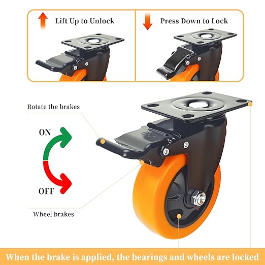 4 Inch Caster Wheels, Heavy Duty Casters Set of 4, Locking Top Plate Casters with Brake, Industrial Swivel Caster Wheels for Furniture and Workbench (Orange 4 x Brakes, 4 Inch)