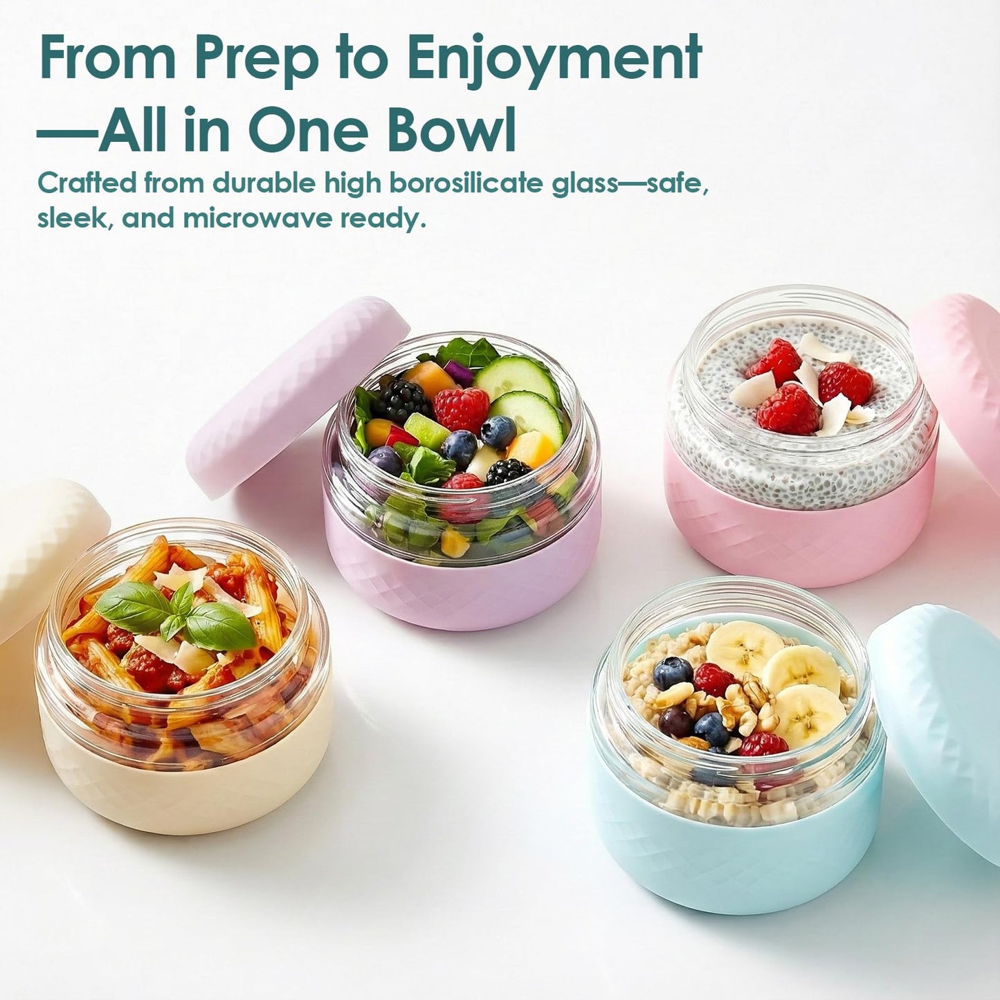 Cafezi 16 oz Glass Lunch Bowl Container with Lid | Leak & Spill Proof, BPA-Free, Microwave & Dishwasher Safe, Airtight Meal Prep & Food Storage Jar for Lunch, Salad, Soup, Overnight Oats, Stew, Yogurt