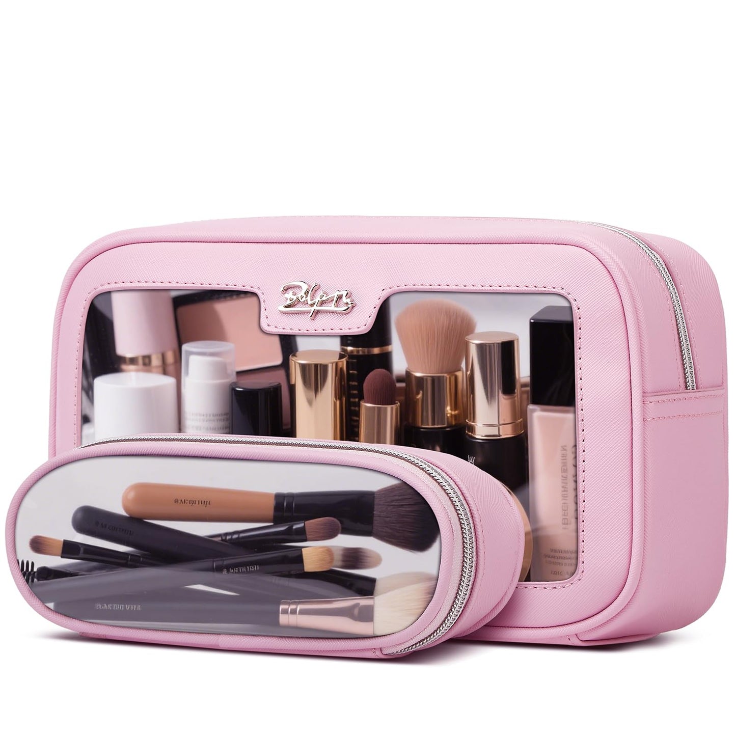 BOYATU Cute Travel Makeup Bag Set: Clear Cosmetic Bag Waterproof Toiletry Bags for Women - Large Skincare Pouch With Small Make up Brush Case for Girl (01-Pink)