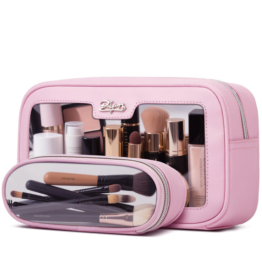 BOYATU Cute Travel Makeup Bag Set: Clear Cosmetic Bag Waterproof Toiletry Bags for Women - Large Skincare Pouch With Small Make up Brush Case for Girl (01-Pink)