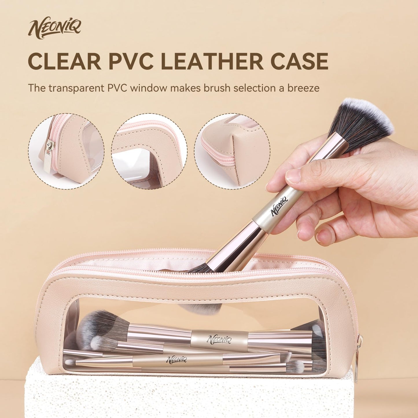 NEONIQ 10 PCS Travel Makeup Brush Set With Bag, Makeup Brushes, Double-End Multi-functional Brushes for Foundation Powder Blush Eyeliner Eyeshadows, Professional Face Brush Set（Champagne Gold）