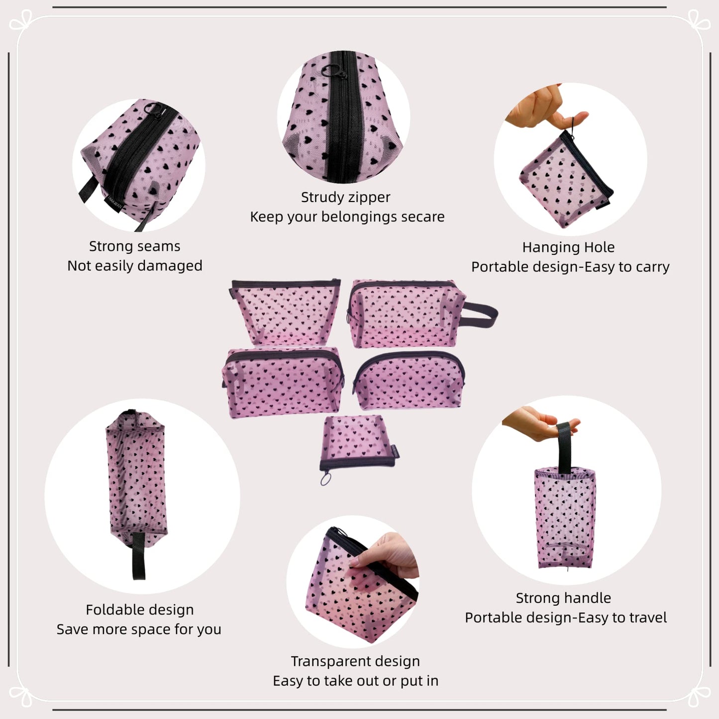 5 Pieces Mesh Heart Makeup Bags Sets, Zipper Mesh Cosmetic Bag Toiletry Bag, Travel Makeup Bags for Women, Small Items Storage Organizer Bags for Home Office Travel (Pink)