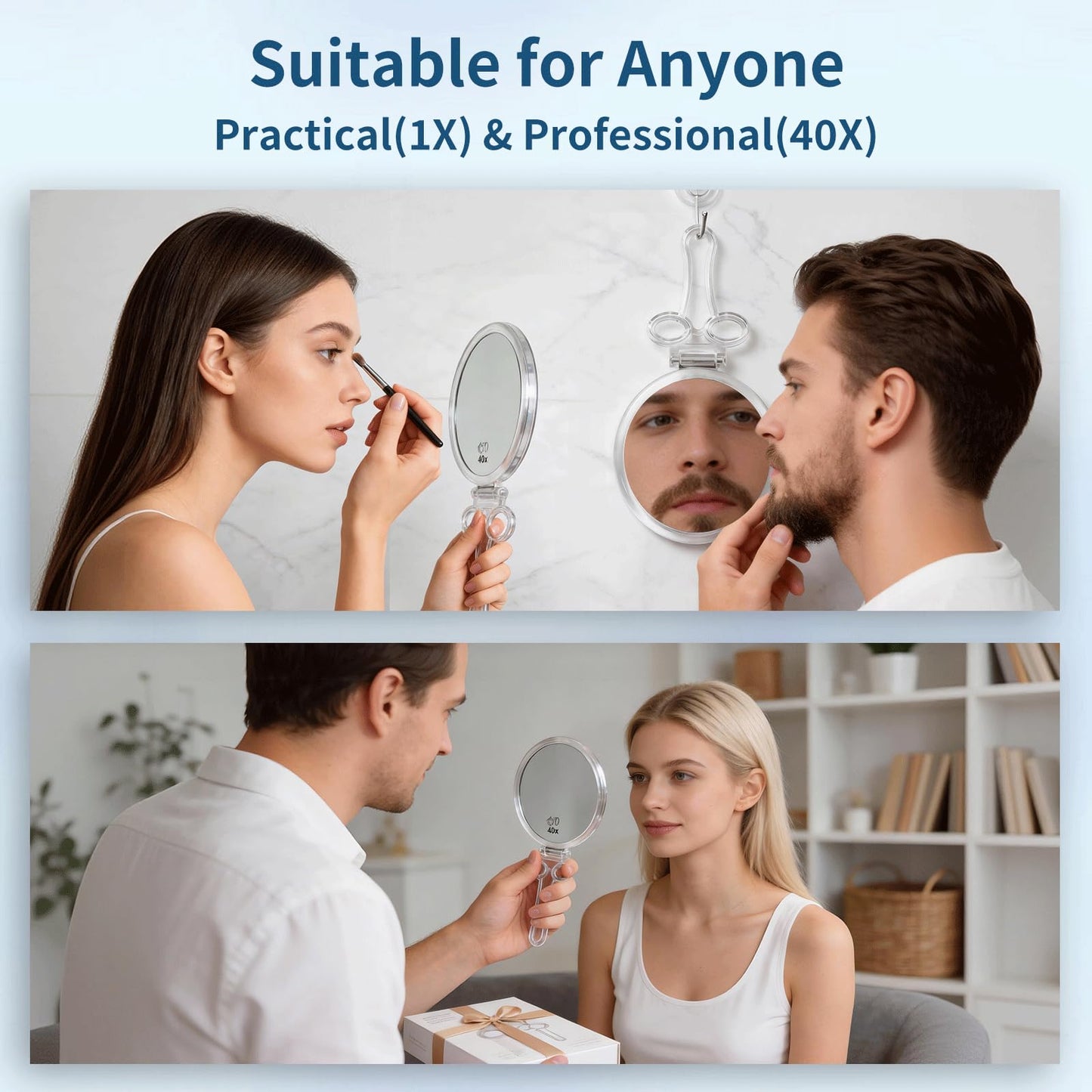 AMISCE Magnifying Hand Mirrors with Handle - Double Sided Handheld Mirror with 1X 40X Magnification, Portable Travel Folding Hand Held Mirror, Pedestal Makeup Vanity Mirror
