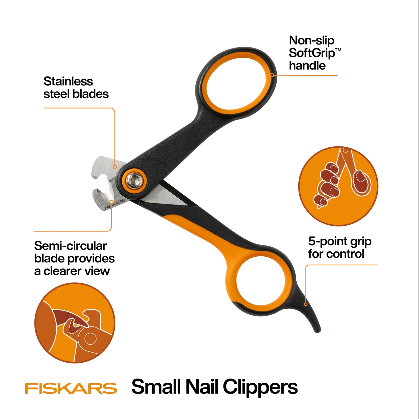 Fiskars Pet Small Pet Nail Clippers, Cat and Dog Nail Trimmers for Grooming, Pet Supplies with Precision Stainless Steel Blades & SoftGrip Handle, 4.25”, Orange/Black