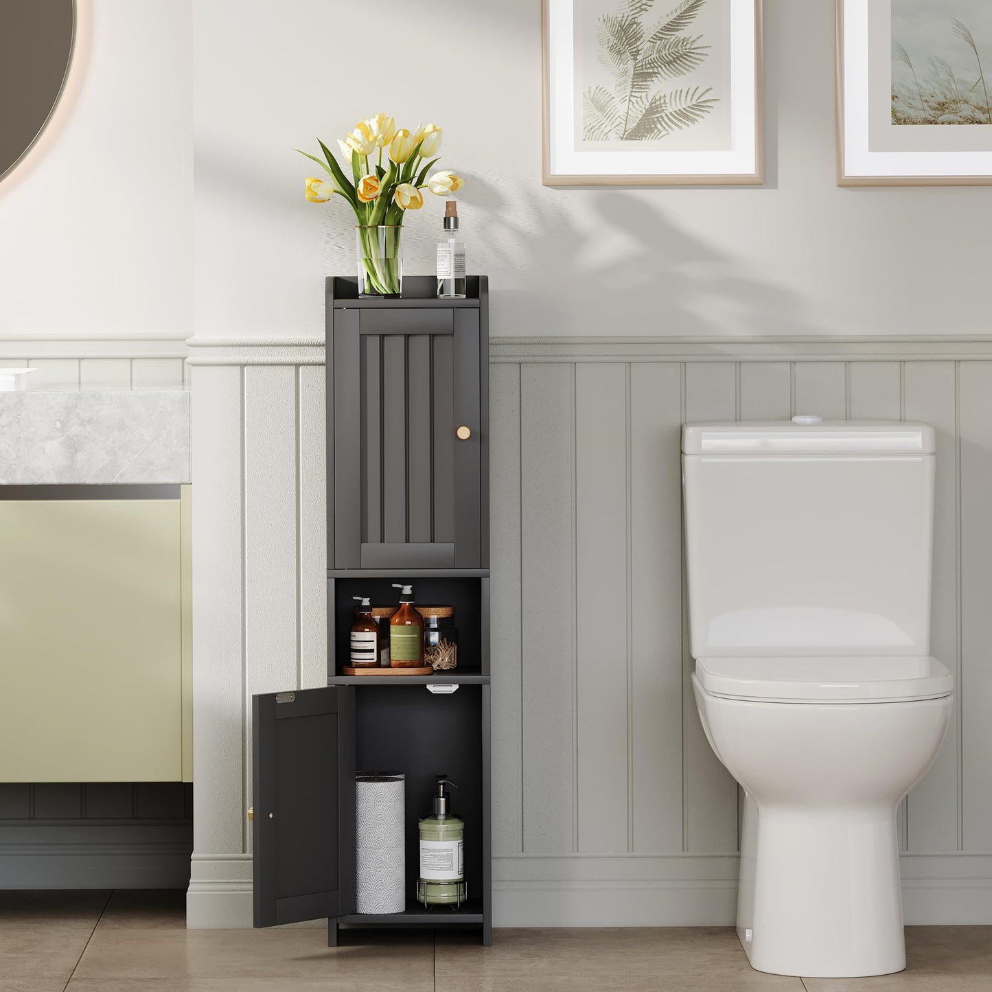 GLANZALANT Bathroom Cabinet with 2 Doors, 7.3 x 9.8 x 40.4 Inches, Small Freestanding Storage Cabinet with Adjustable Shelf, Floor Cabinet for Small Spaces, Bathroom, Entrances, Kitchen, Black