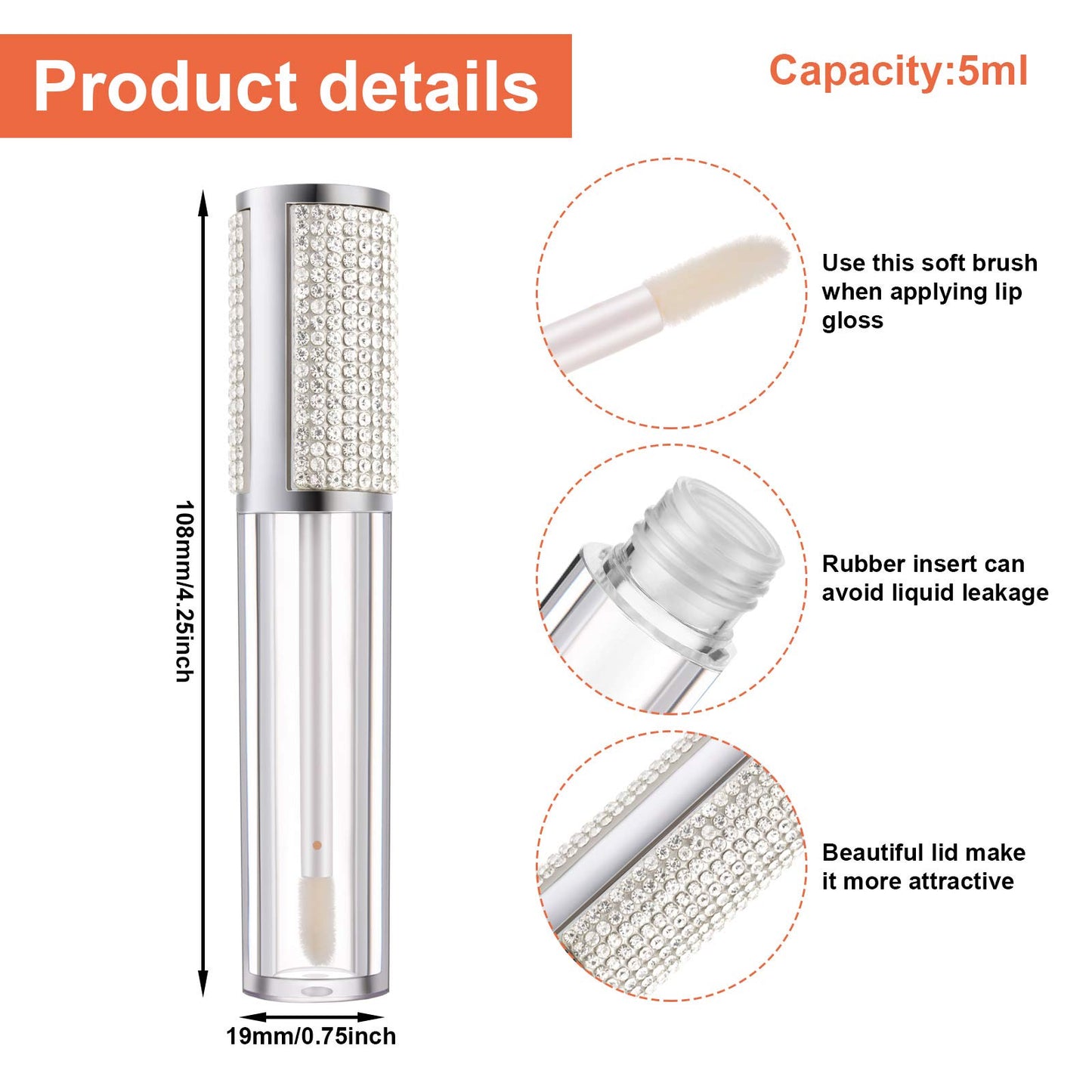Patelai 12 Pcs 5 ml Rhinestone Lip Gloss Tubes Crystal Lip Balm Tubes for Empty Bottles Refillable Rhinestone Container Plastic Cosmetic Bottles