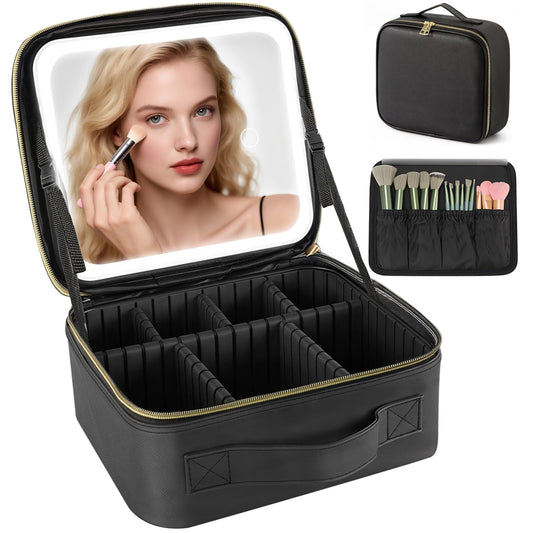 Travel Makeup Bag with LED Mirror, 3 Color Adjustable Brightness, Waterproof Cosmetic Train Case with Adjustable Dividers & Brush Holder, Portable Organizer for Travel & Makeup Artists, Black