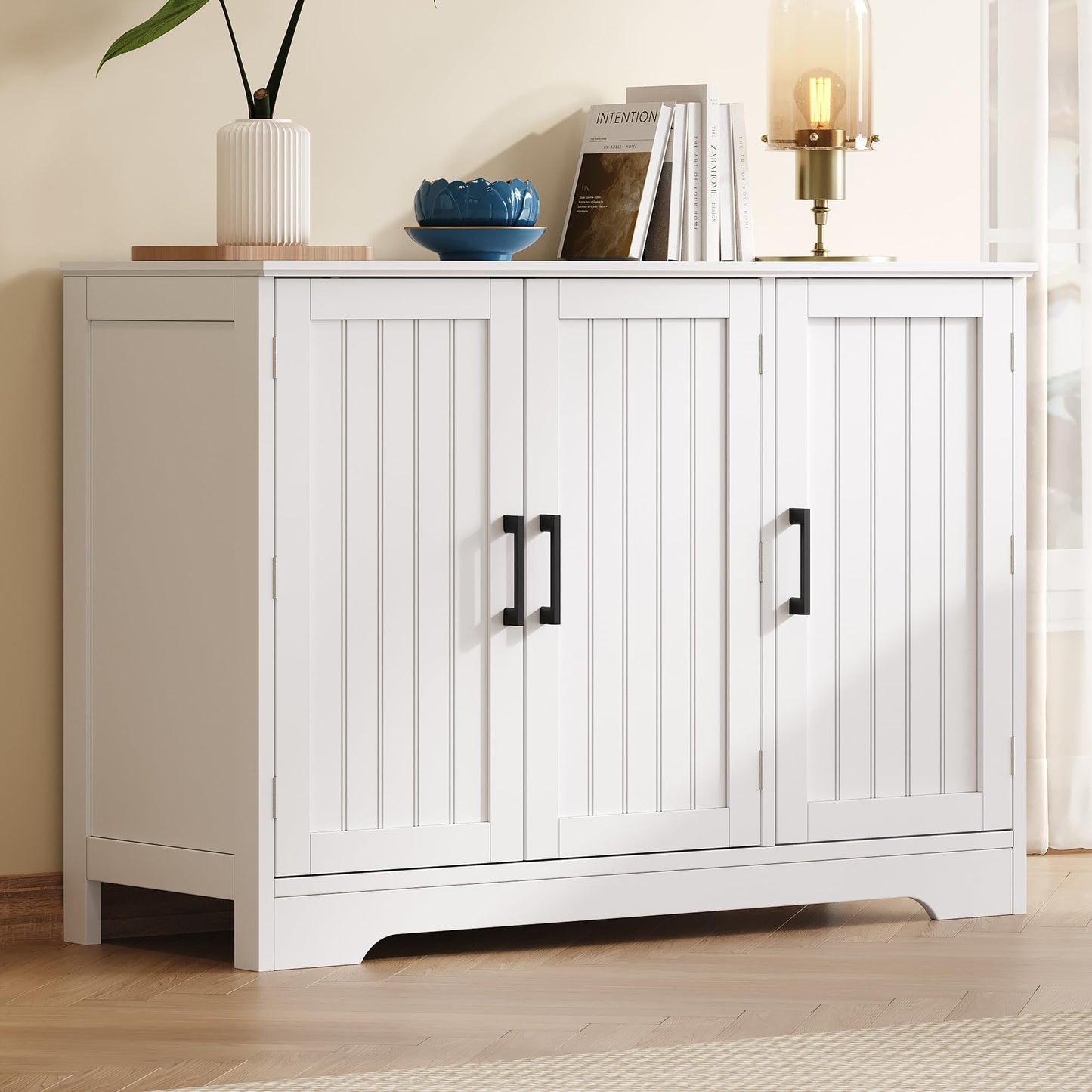 ChooChoo Modern Sideboard Buffet Cabinet, Coffee Bar Storage Cabinet with Doors and Adjustable Shelves, Kitchen Storage Cabinet for Dining Room, Living Room, White