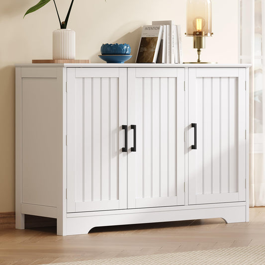 ChooChoo Modern Sideboard Buffet Cabinet, Coffee Bar Storage Cabinet with Doors and Adjustable Shelves, Kitchen Storage Cabinet for Dining Room, Living Room, White