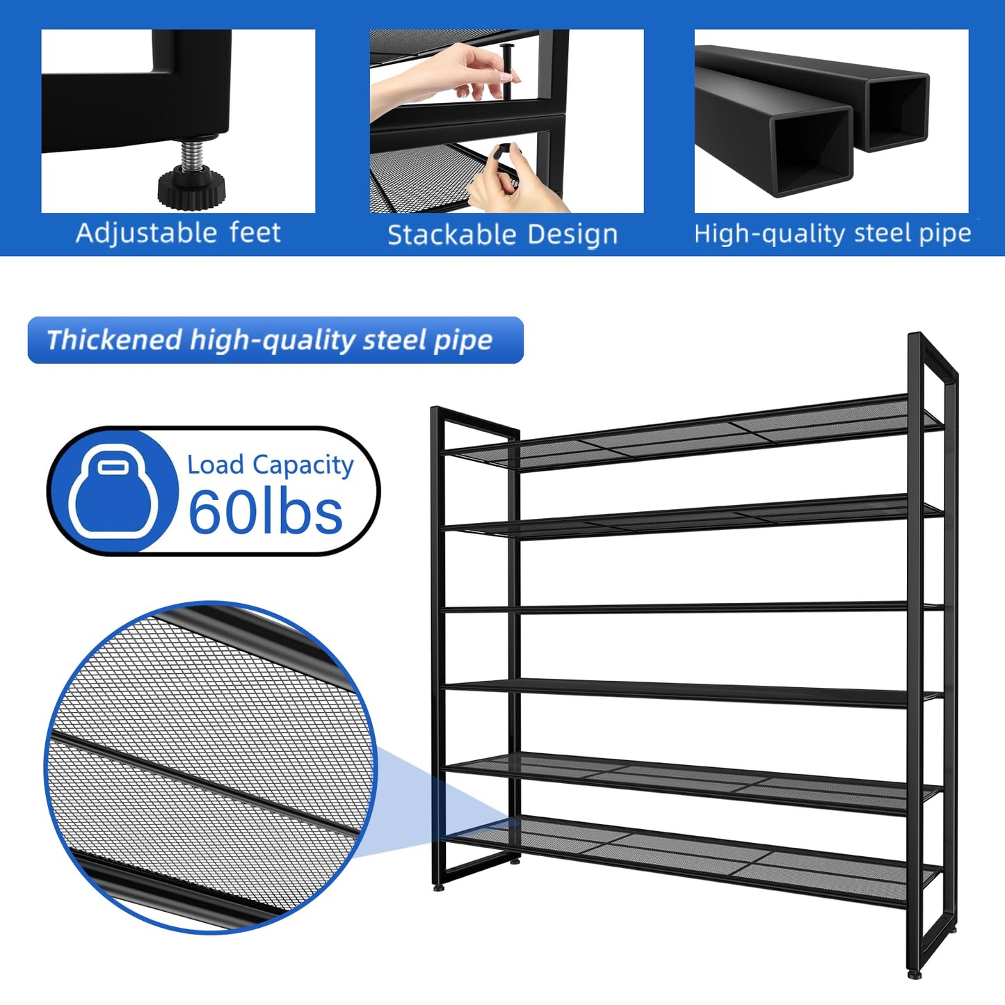 Simple Trending 12 Tier Shoe Rack Holds 60 Pairs, Sturdy Tall Shoe Organizer, Heavy Duty Large Metal Stackable Shoe Shelf for Entryway, Closet, Bedroom, Black
