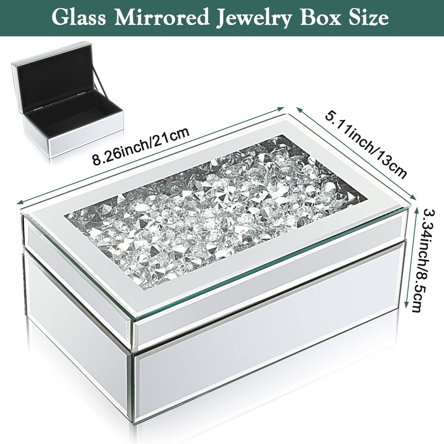 Kenning Luxury Silver Crushed Diamond Jewelry Box, Mirrored Glass Organizer for Women, Sparkly Keepsake Storage for Rings, Earrings & Necklaces, Elegant Vanity Decor