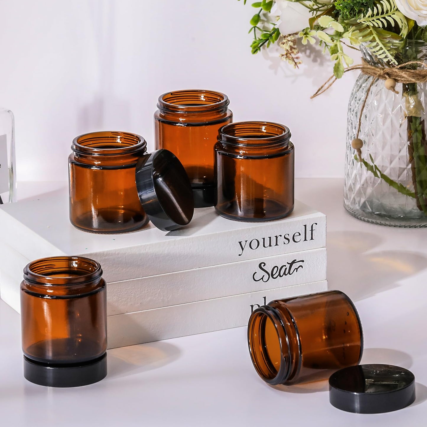 Norme 24 Pcs 4 oz Glass Jars with Lids Leakproof Round Airtight Empty Cosmetic Jars with Inner Liners Lid for Storing Lotions Powder Ointments Making Tins (4 oz,Black,Amber)