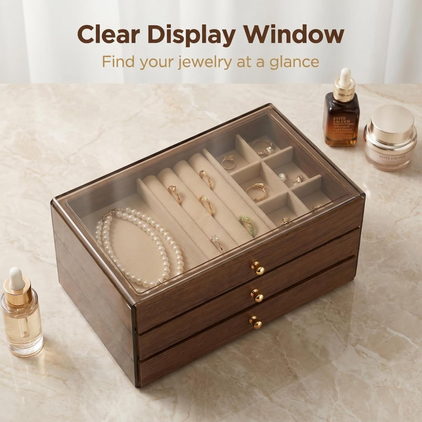 3 - Layer Wooden Drawers Jewelry Box for Women, Jewelry Organizer with Acrylic Cover & Velvet Lining - Adjustable Compartments for Earrings, Rings, Necklaces, Bracelets, Lipstick