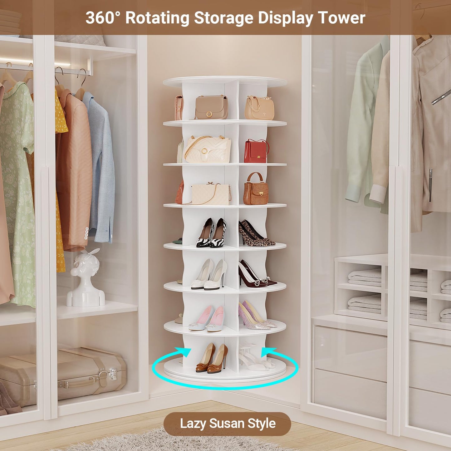HOMETUK 5-Tier Rotating Standing Shelf Unit with Dividers, 360° Storage Display Tower Vertical Floor Organizer, for Bedroom, Closet, Entryway & Office, Ideal for Shoes, Cosmetics & Handbags, White