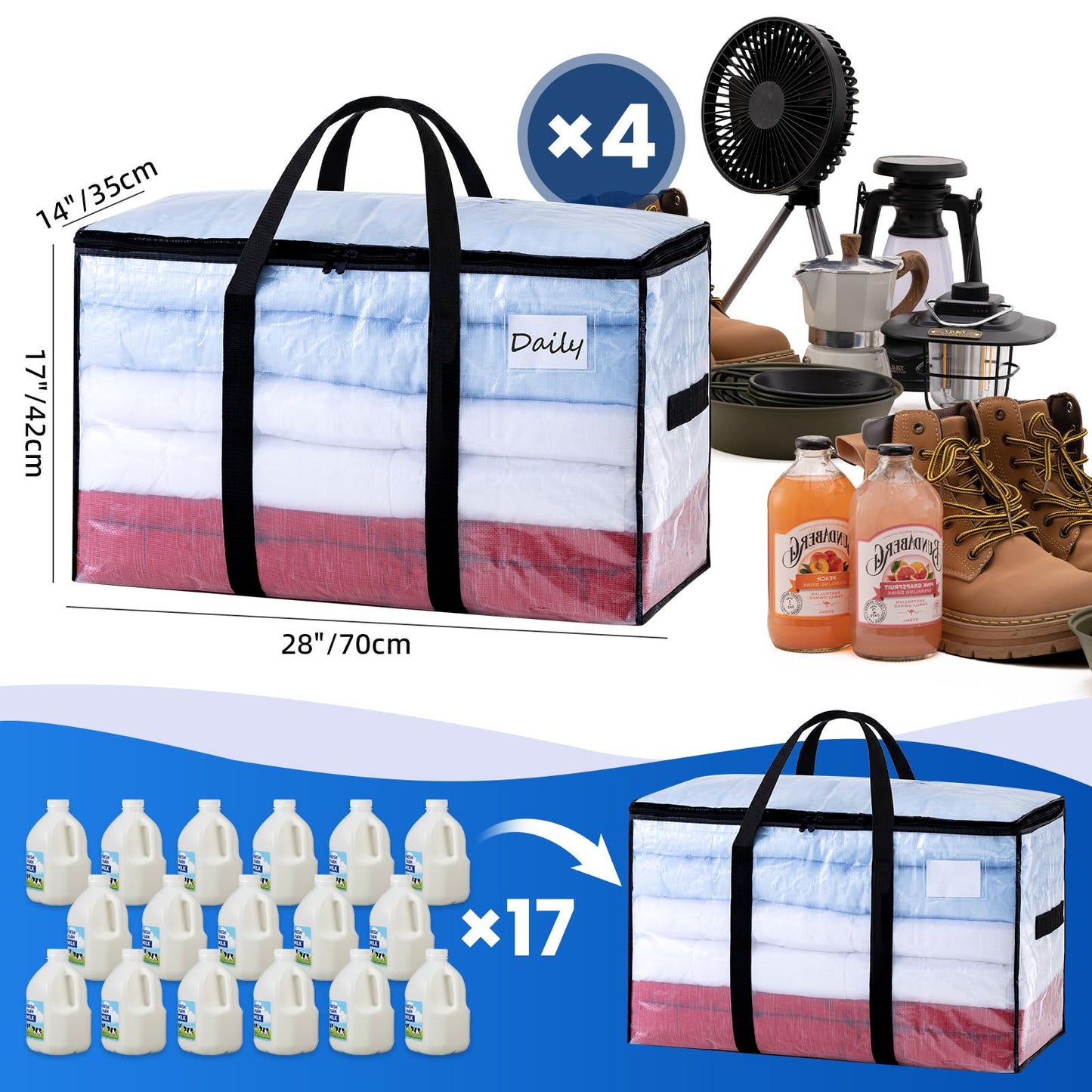 TAILI Extra Large Moving Bags, 4 Pack Clear Heavy Duty Totes For Storage with Visible Window, Wrap Around Handles, Storage Bags for Space Saving, Alternative to Moving Boxes