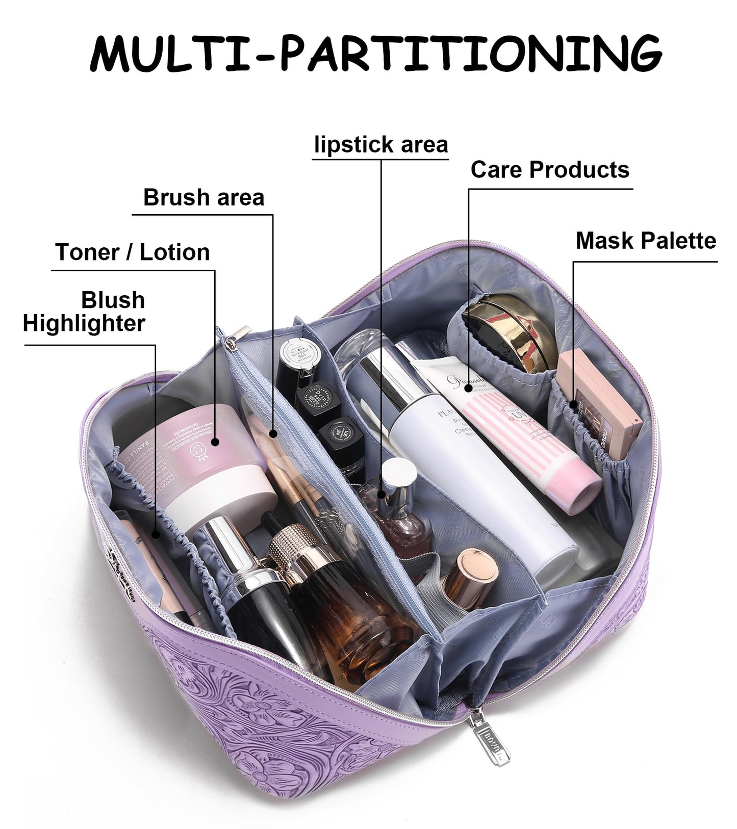 BOYATU Travel Makeup Bags Cosmetic Organizer Bag: 3 Pcs Set Large Capacity Floral Make up Bag with Compartments - Waterproof Leather Toiletry Bags with Handle for Women (21-Purple)