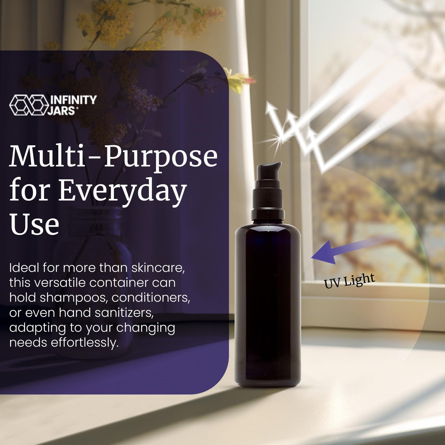Infinity Jars Ultraviolet Glass Push Pump Bottle 100 Ml (3.4 fl oz) Refillable Containers for Lotion Homemade Cosmetics Make-up Skin Care Cream, Lotion, Shampoo, Conditioner Dispenser Bottles