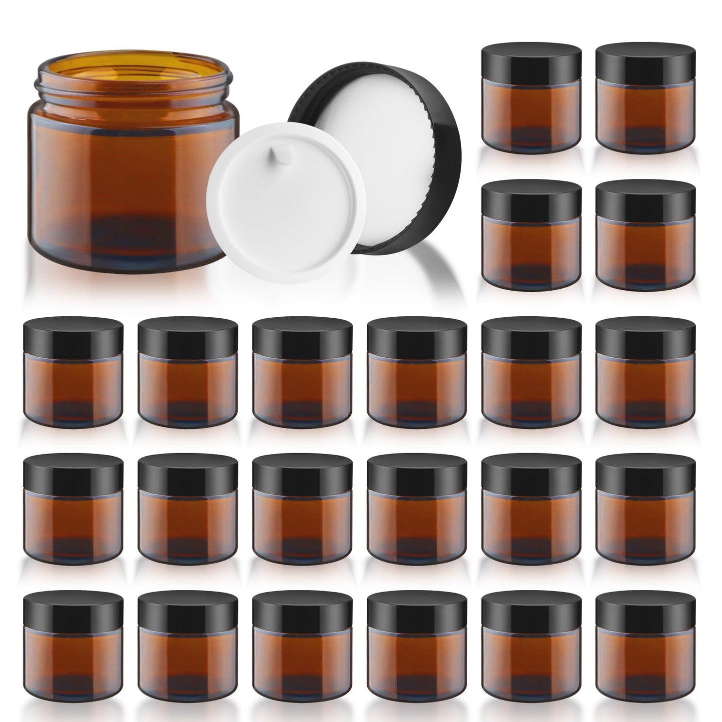 DMuuuDM Small Glass Jars with Black Lids,24 Pack Amber Empty Round Glass Jar with Inner Liners for Creams,Lotions,Body Butter,Salves Ointments,Bath Salts,Powders,Travel Liquid Container (2oz)
