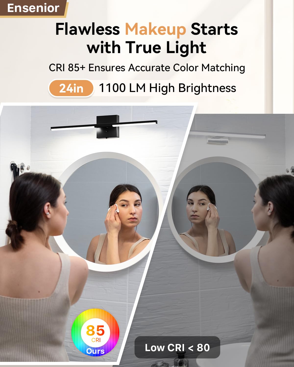 Ensenior Modern Bathroom Vanity Light 24 inch, Built-in Dimmer, 14W Dimmable 5CCT Led Bath Lights, Black Bar Vanity Light for Bathroom Mirror Cabinets Bedroom-FCC & ETL Certificated