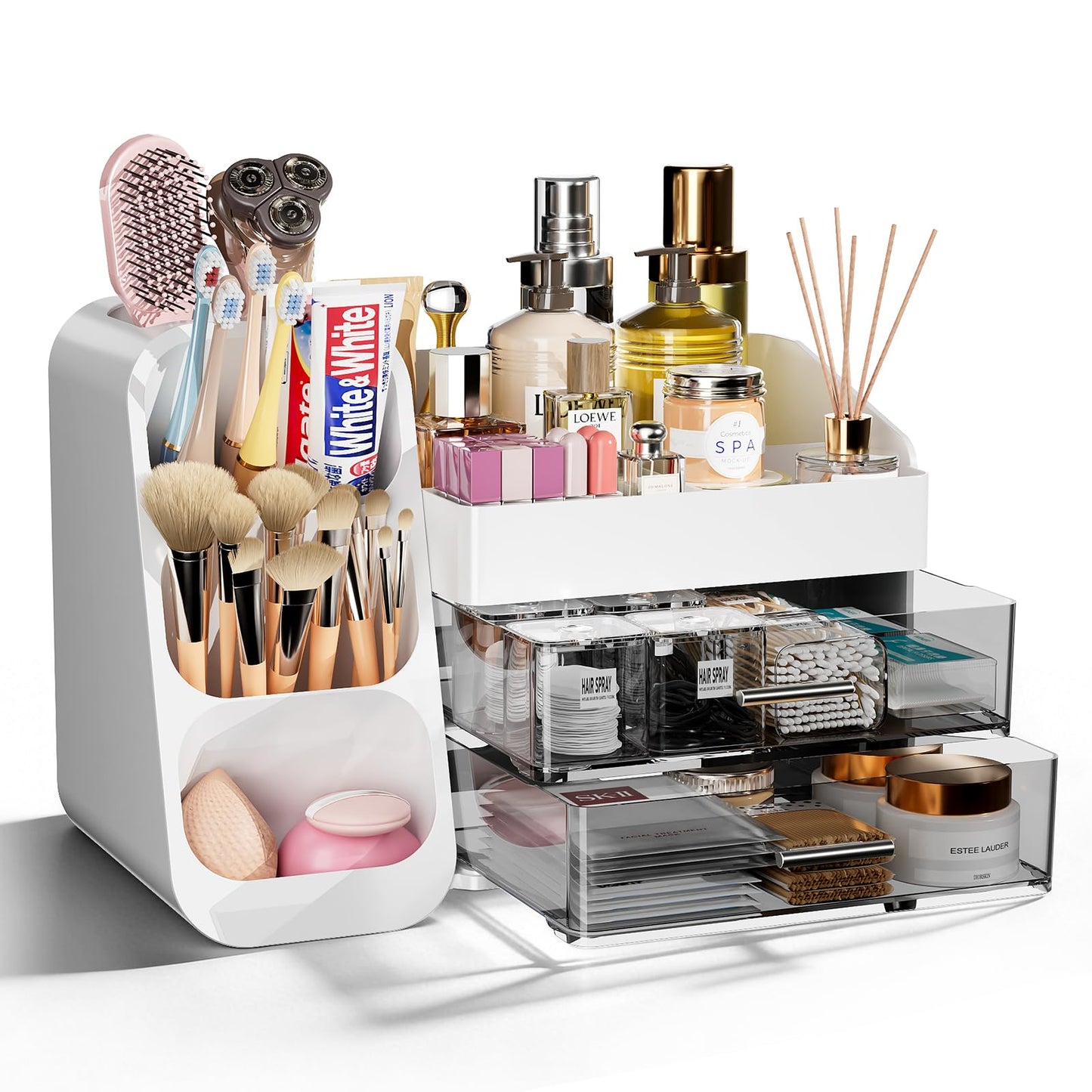 Makeup Organizer with Drawers for Vanity Bathroom Counter Organizers and Storage, Large Skincare Organizer with Brush Toothbrush Holder for Perfume, Nail Polish, Dresser, Office Supplies, White