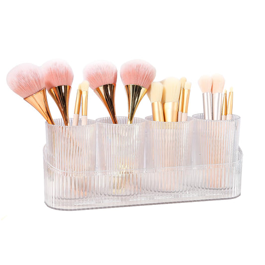 DASITON Makeup Brush Holder Organizer with 4 Cup, Vintage Striped Make Up Brush Holder for Vanity, Bathroom Toothbrush Holders, Acrylic Cosmetic Brushes Storage Organizer Pen Holder (Clear+Clear)