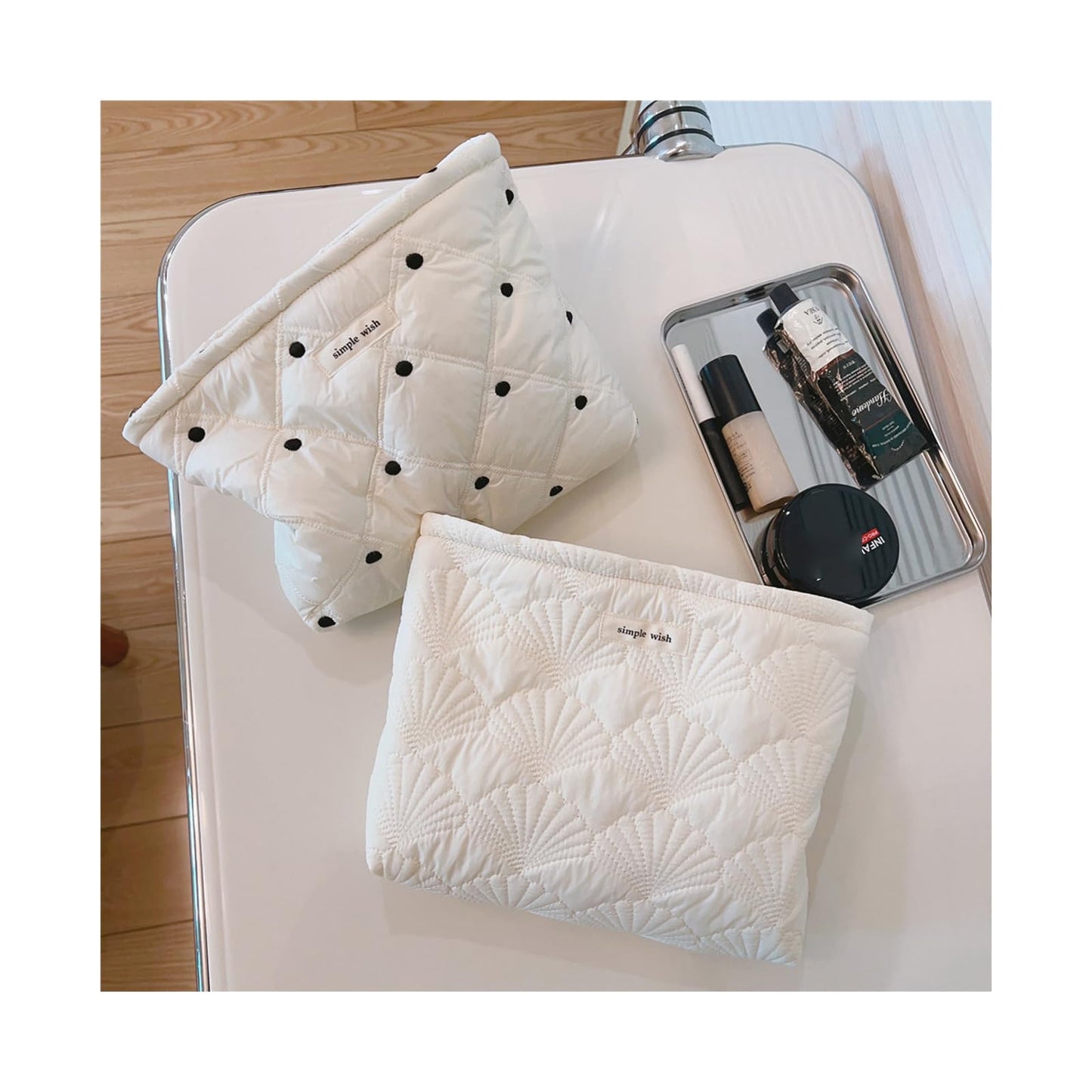 uekeboag White Quilted Cotton Makeup Pouch,Coquette Quilted Toiletry Bag for Women and Girls, Floral Coquette Organizer Bag, Aesthetic Travel Cosmetic Bags(03White Shells)