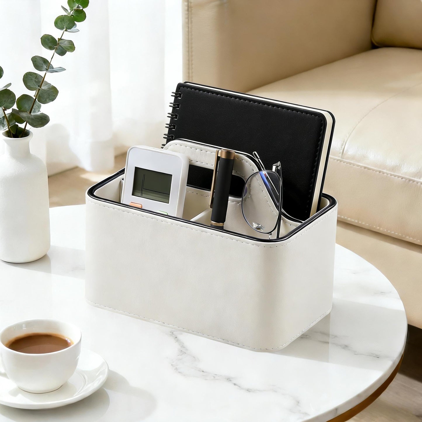 NICLNGSH Caddy Organizer with Handle, PU Leather Remote Control Holder Desk Caddy, Portable Makeup Remote Organizer for Table, Nightstand, Office (Cream)