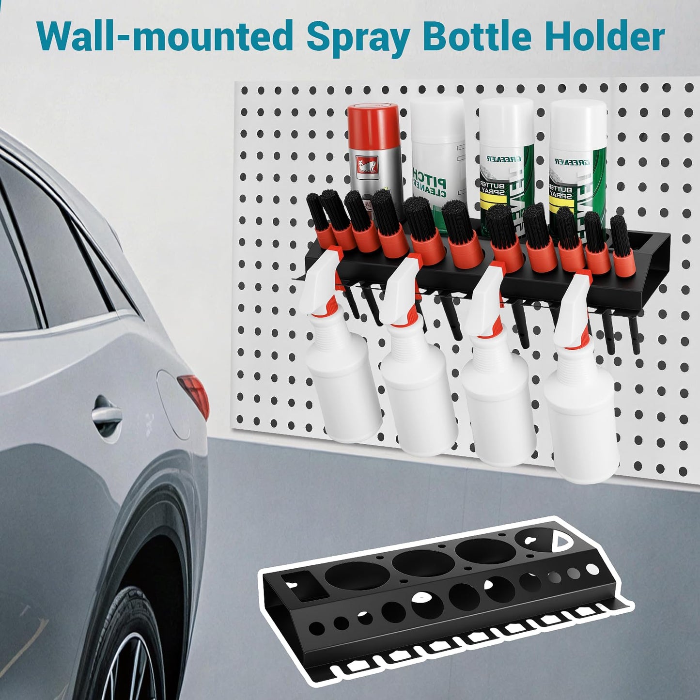 Rostationa Car Cleaning Brush and Spray Bottle Storage Rack, Air Tool Holder, Car Beauty Shop Accessory Display for Auto Repair Shops Garages, Garage and Workspace (1pc-Black)