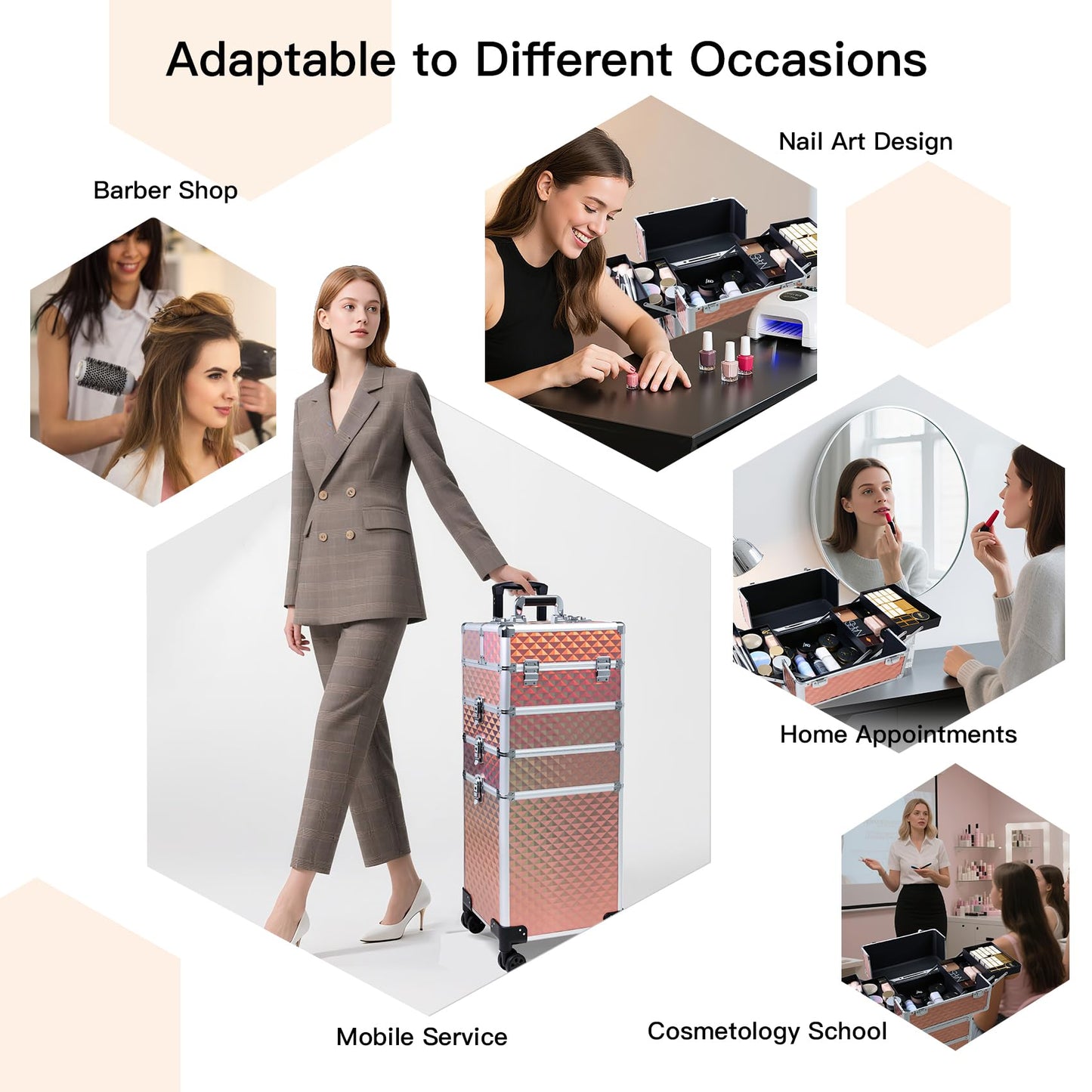 Professional Rolling Makeup Case, Cosmetology Case on Wheels 4 in 1 Large Cosmetic Train Case, Ideal Gift for Hairstylist, Nail Techs, Portable Beauty Organizer for Travel or Salon Use