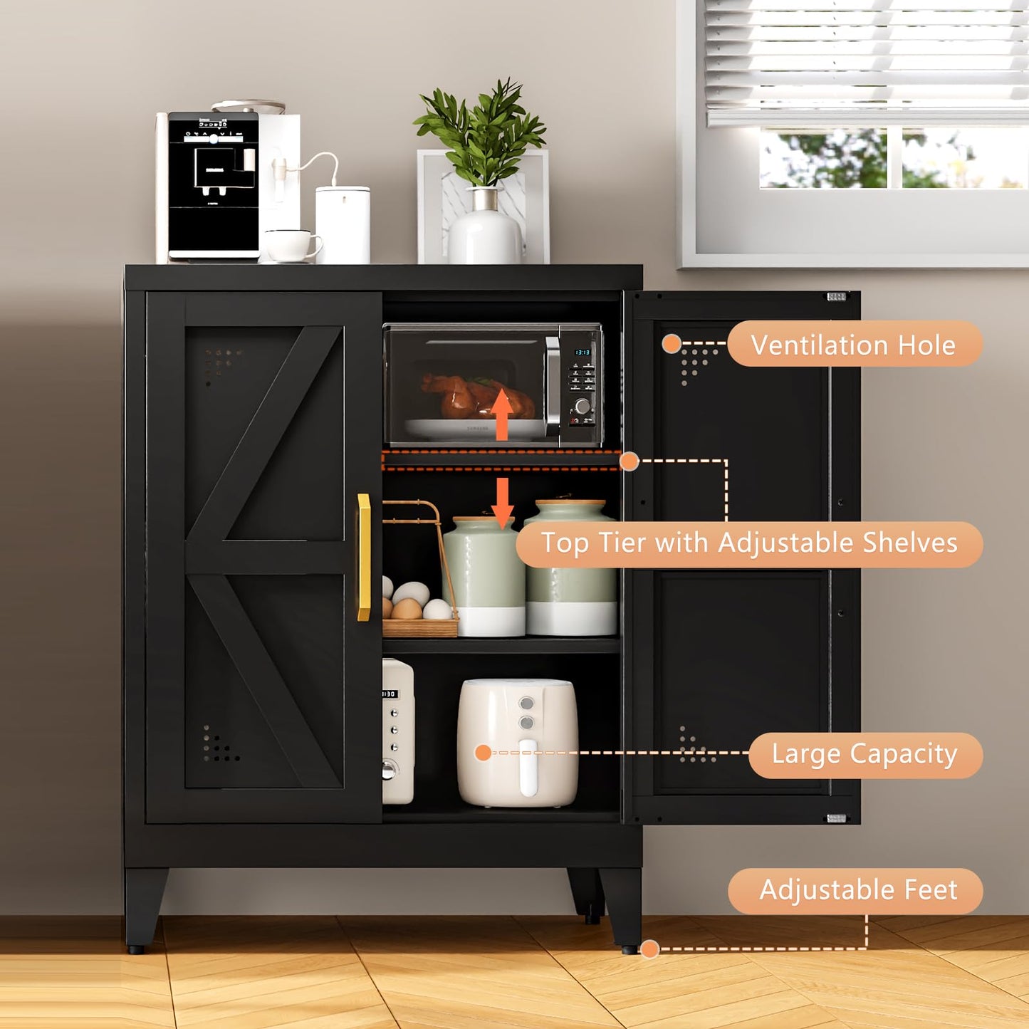 JHYKFG 32" Metal Kitchen Pantry Cabinet,Floor Bathroom Storage Cabinet with 2 Adjustable Shelves,Freestanding Sideboard for Small Spaces, Living Room, Hallway, Dining Room,Black