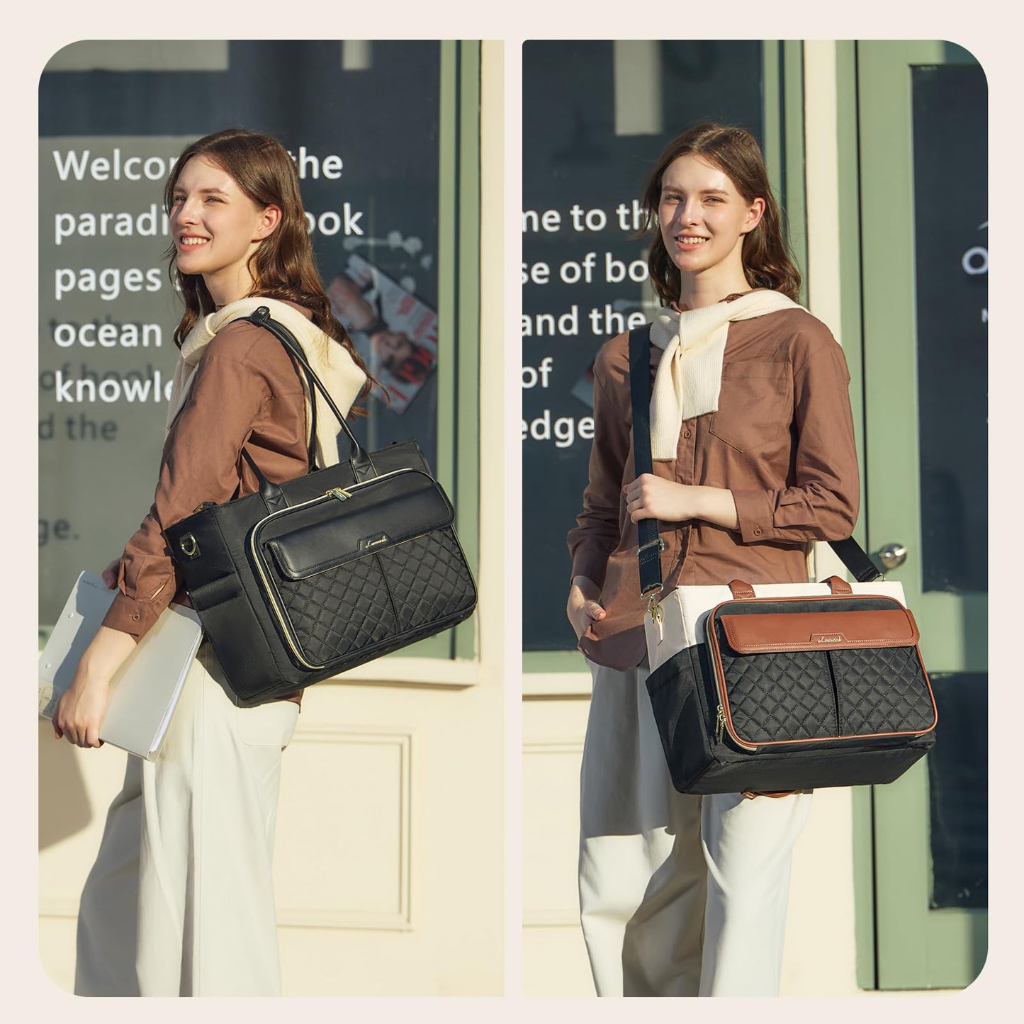 LOVEVOOK Teacher Tote Bag for Women Work, 15.6 Inch Laptop Bag with Large Cup Holder, Quilted Nurse Bag Briefcase with Accordion File Pocket, Computer Handbag for Bussiness Travel, Office, College