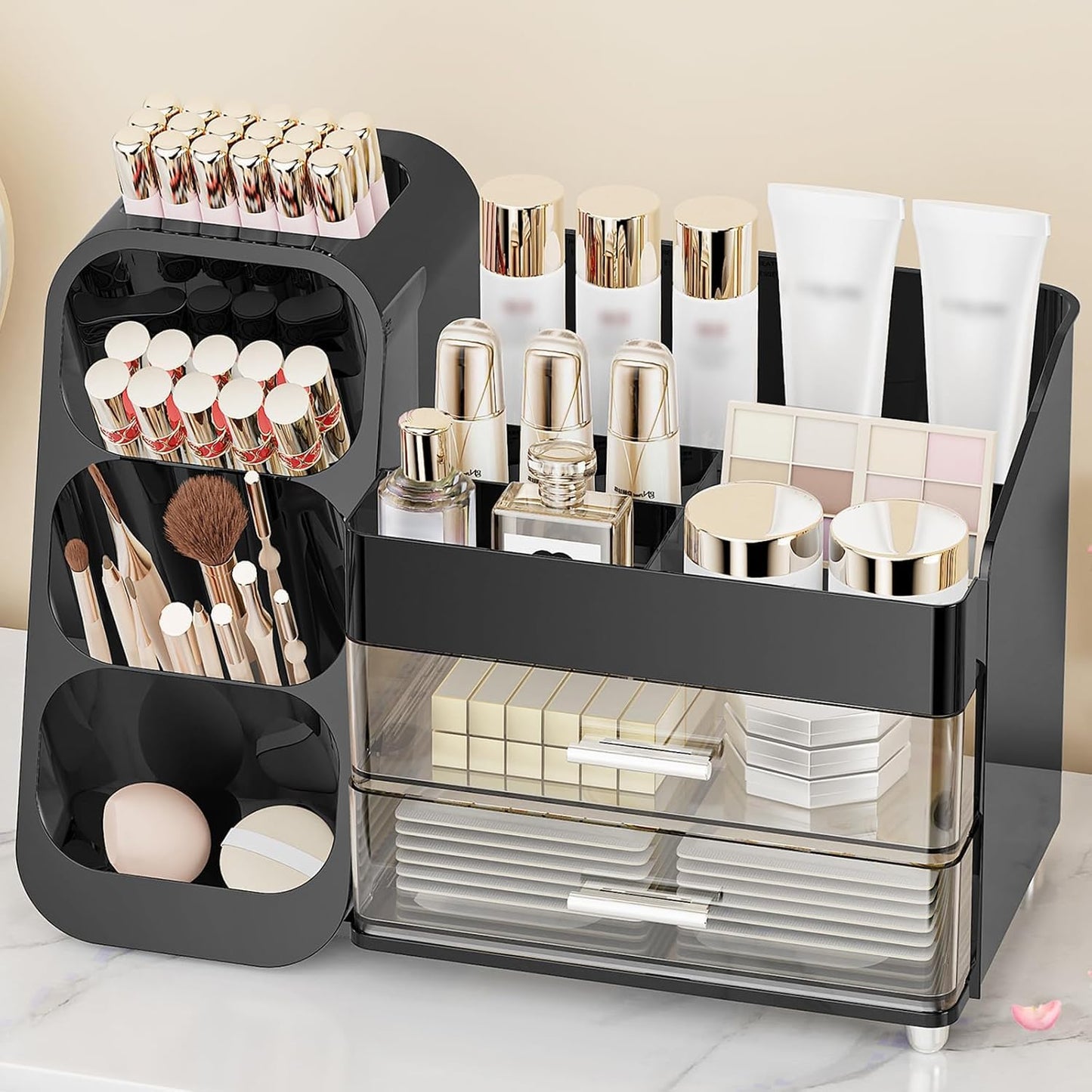 Large Makeup Organizer with Drawers,Multifunctional Multi-Compartment Storage Box,Cosmetic Display Case for Dresser Countertop & Bathroom Vanity,Black