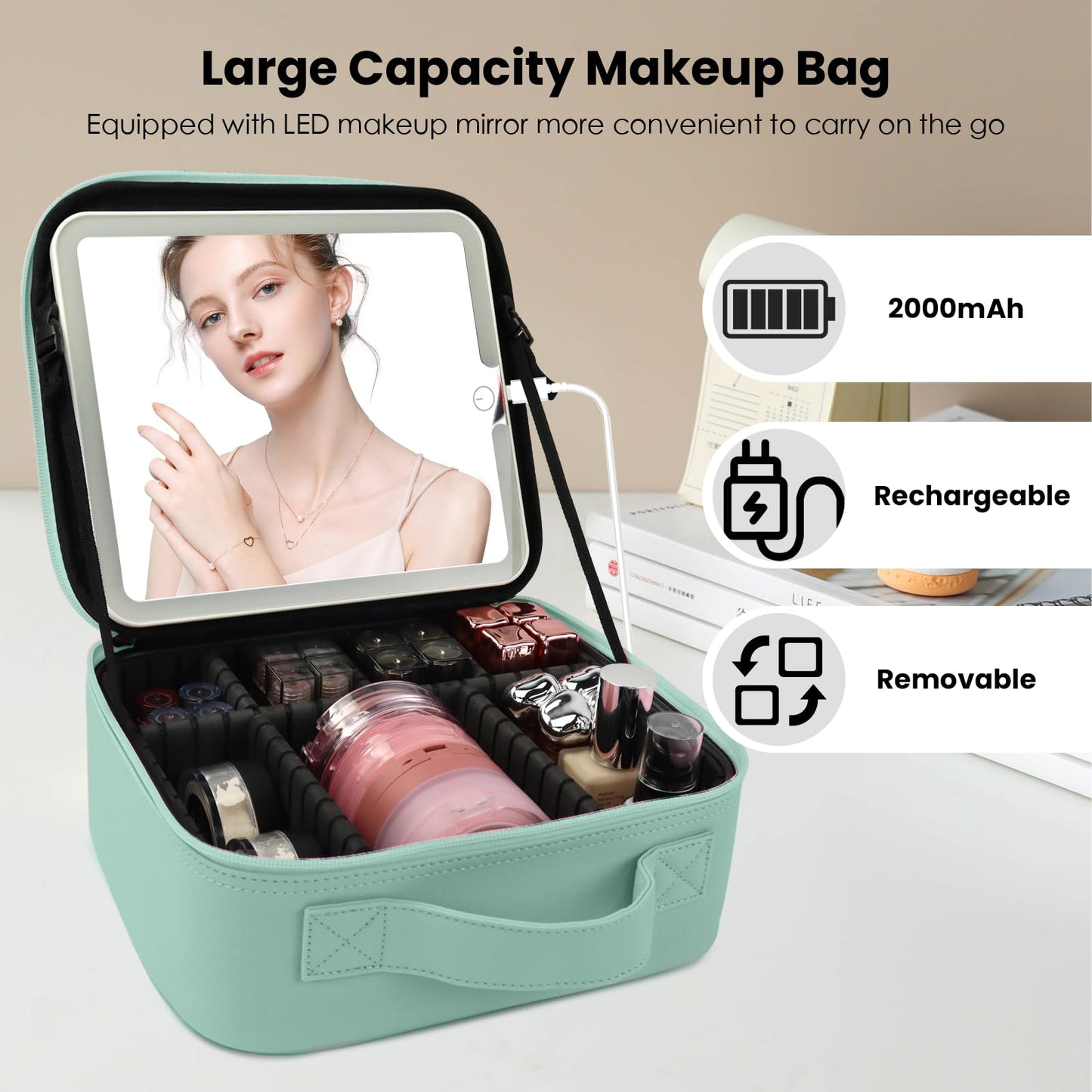 SUILU Travel Makeup Bag with LED Mirror and Light Makeup Travel Bag Organizer Portable Cosmetic Brush Organizer Bag with Adjustable Dividers for Cosmetics Makeup Brushes Toiletry (Light Green)