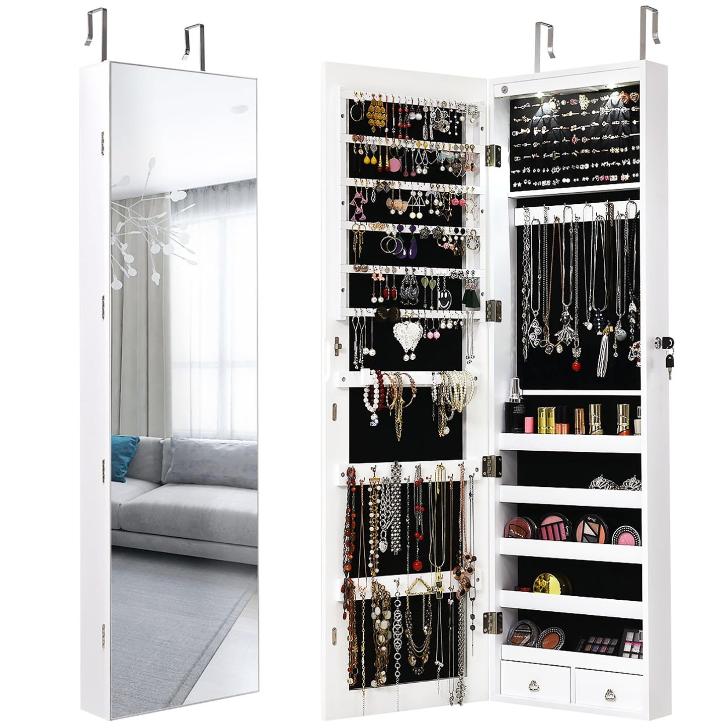 Giantex Wall Door Mounted Jewelry Armoire Cabinet with 47.5" Full Length Mirror, 2 LEDs Lockable Jewelry Organizers and Storage with 2 Drawers, Over the Door Jewelry Organizer Cabinet (White)