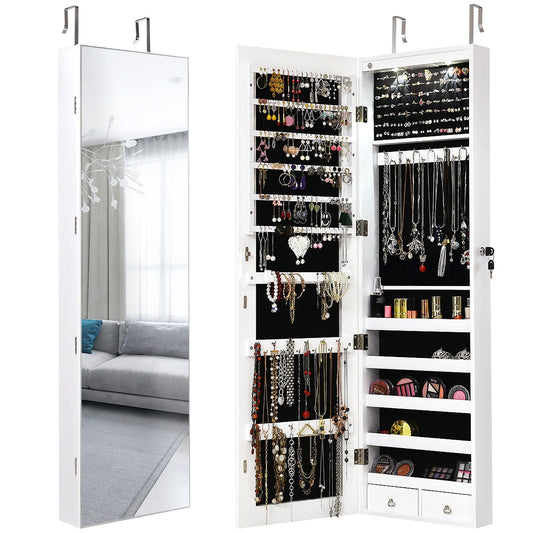 Giantex Wall Door Mounted Jewelry Armoire Cabinet with 47.5" Full Length Mirror, 2 LEDs Lockable Jewelry Organizers and Storage with 2 Drawers, Over the Door Jewelry Organizer Cabinet (White)