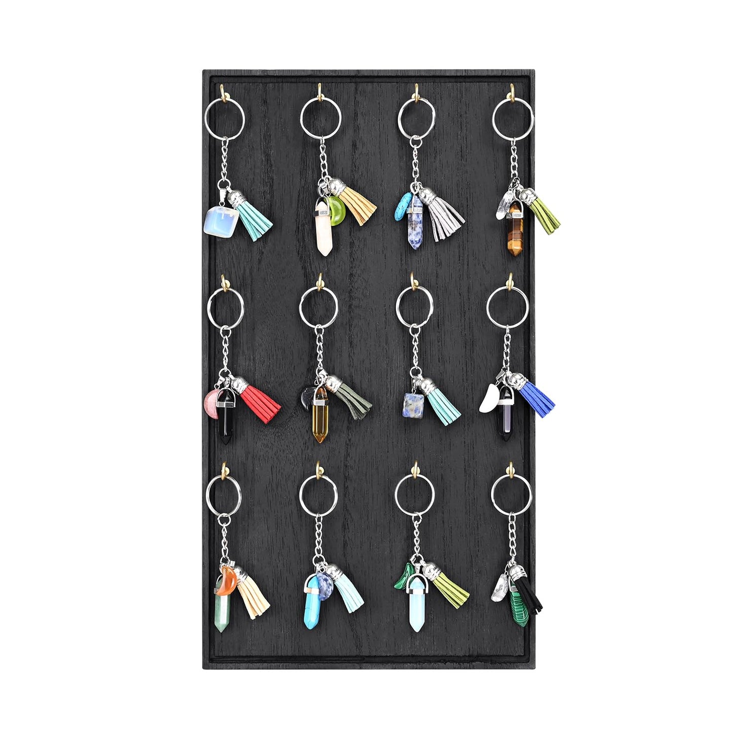 Ikee Design Wooden Jewelry Display Stand with 12 hooks, Earring Display with Hooks, Bracelet, Earring, Keychain Stand for Selling,7.8W x 7.8D x 15.9H in, Black Color