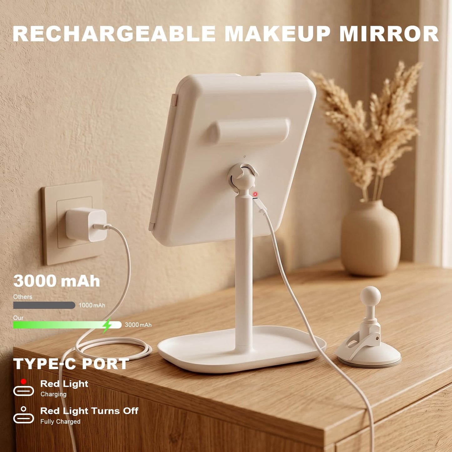 Hoxutym Makeup Mirror with Lights, 3000mAh 3X/2X/1X Magnification Vanity Mirror with Suction&Stand Base, 360° Adjustment Rechargeable Trifold Mirror for Travel/Bedroom/Dorm, Gifts for Women, Girls