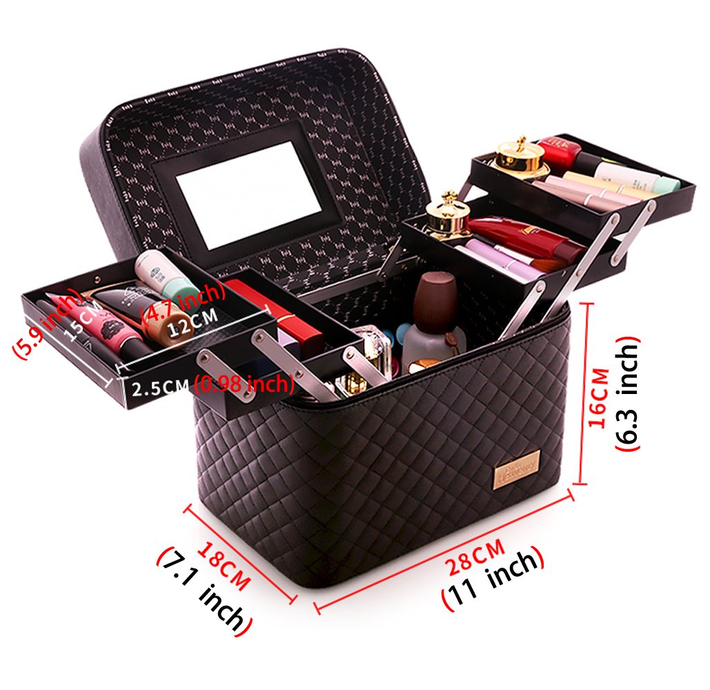 Sooyee Makeup Bag Cosmetic Bag with Mirror, 4 Layer Foldable Tray Makeup Organizer Open to the Sides, Makeup Travel Bag for Women, Train Case, Black