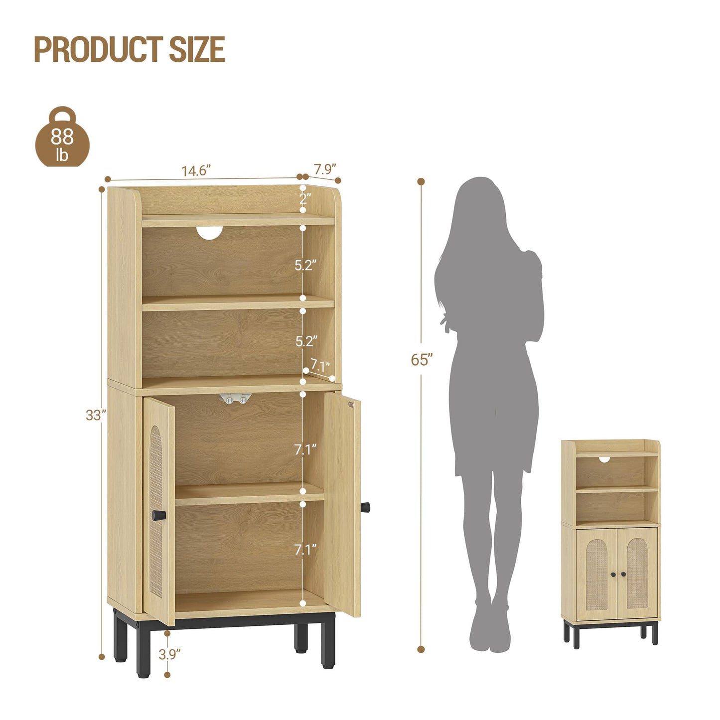 Hzuaneri Bathroom Storage Cabinet, Small Floor Cabinet with 2 Door and Shelves, Toilet Paper Cabinets, Bathroom Organizer with Adjustable Shelf, for Small Spaces Rattan Black 7.1" Dx14.6 Wx32.7 H