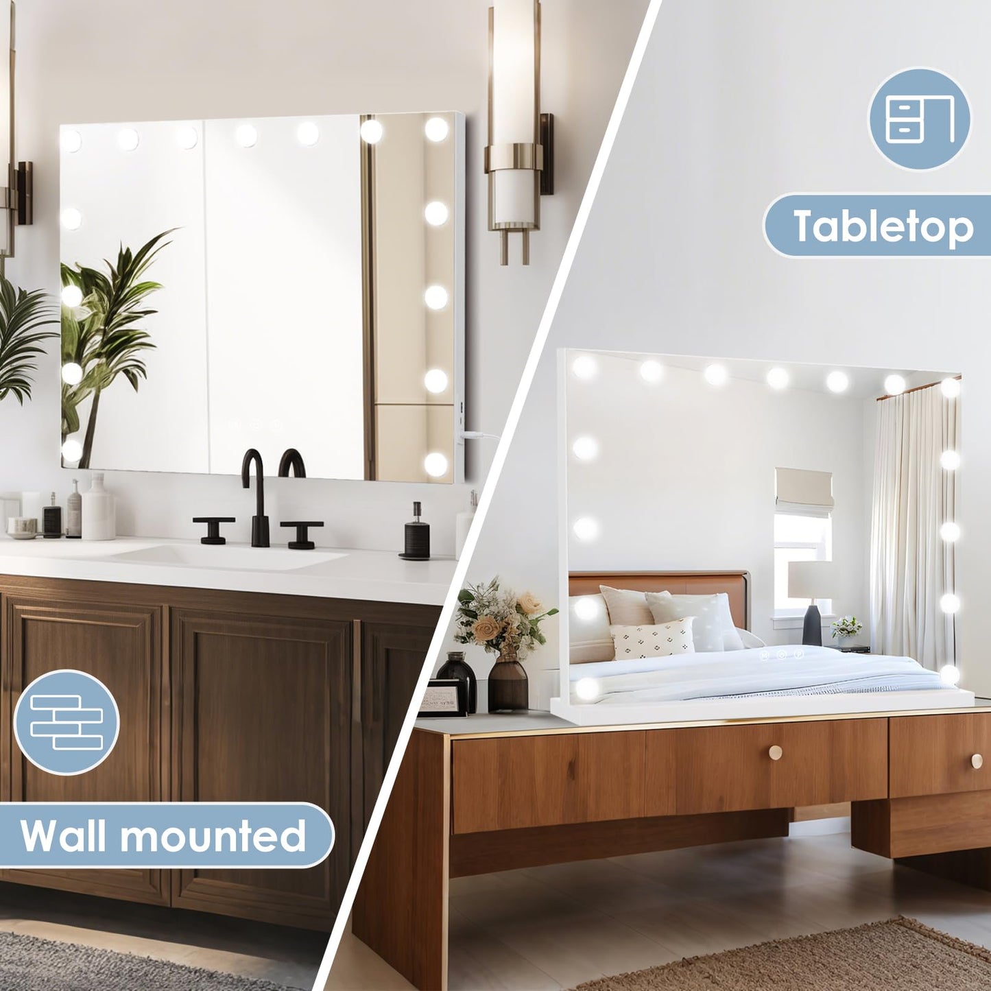 KOHEOPT Hollywood Vanity Mirror with Lights, 15 Dimmable Bulbs, 3 Color Lights,Make Up Lighted Mirror, Aluminum Metal Frame, USB Charging Port（23" x 18"）