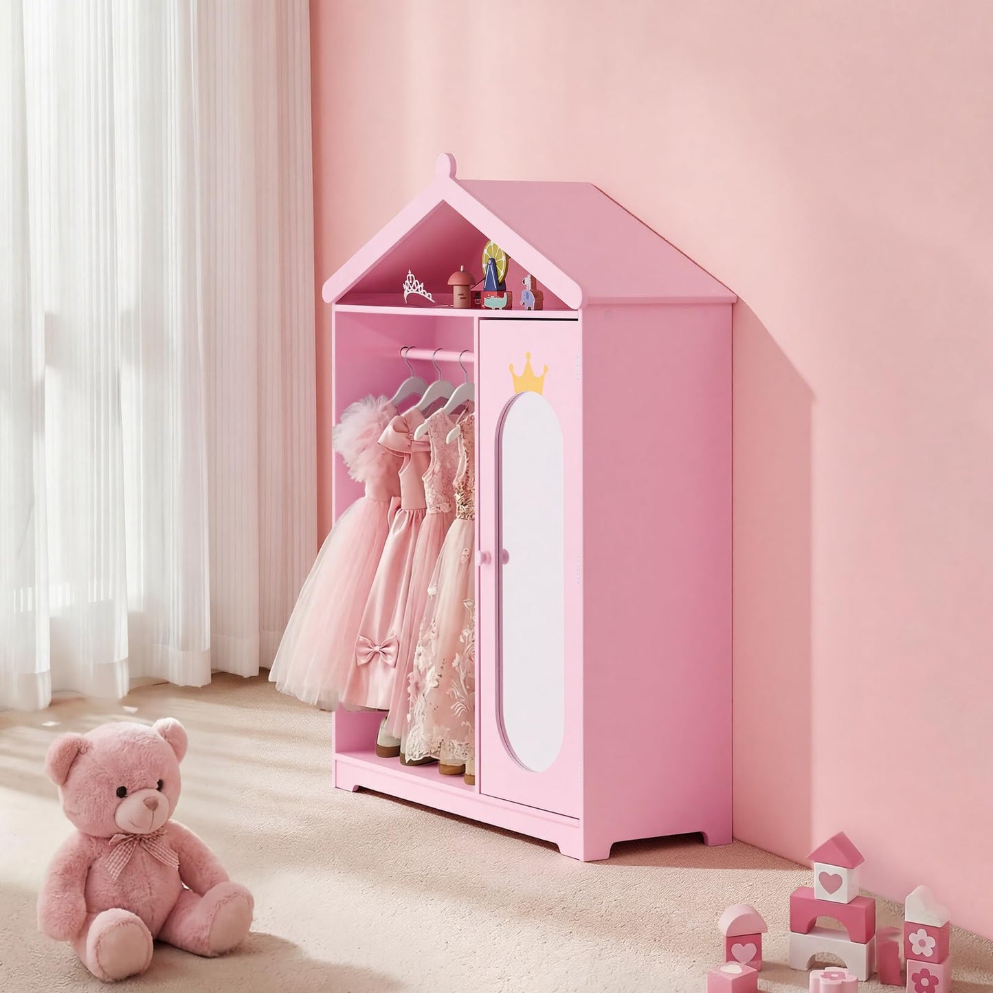VEVOR Kids Dress Up Storage, with Mirror, Dress Up Closet, Kids Armoire Wardrobe Closet for Little Girls, Toddler Costume Organizer, Pretend Princess Storage Dresser, for Bedroom, Girls Room, Pink