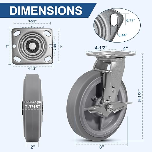 8"x2" Rubber Wheels (Flat Tread)- Heavy Duty Casters, Industrial Caster Wheels- Set of 4 with up to 4800 LB Capacity- Use for Dollies, Workbench(2 Brake &2 Rigid)