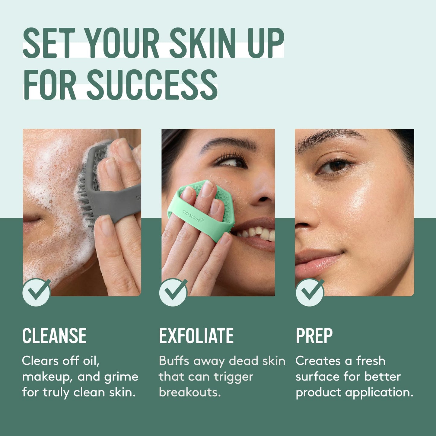 Sud Scrub® Antimicrobial Silicone Face Scrubber, 1 Pack, Gentle Face Exfoliator for Sensitive Skin, Eco Friendly Facial Cleansing Brush, Exfoliating Face Brush for Men and Women (Mint)